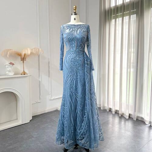 Sharon Said Luxury Dubai Blue Mermaid  Evening Dress Overski