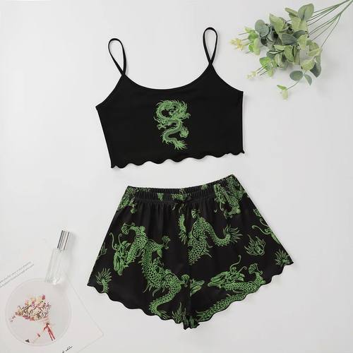 Dragon Print Pajamas for Girls Set Summer Women Sleepwear Lo