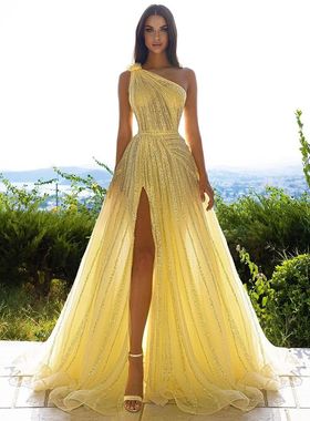 Sharon Said Yellow One Shoulder Luxury Dubai Evening Dress w