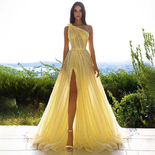 Sharon Said Yellow One Shoulder Luxury Dubai Evening Dress w