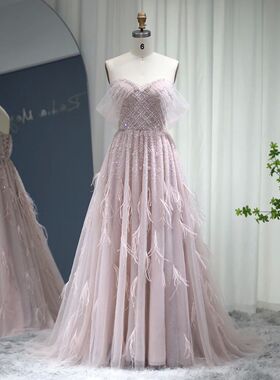 Sharon Said Luxury Feather Pink Dubai Evening Dresses Elegan