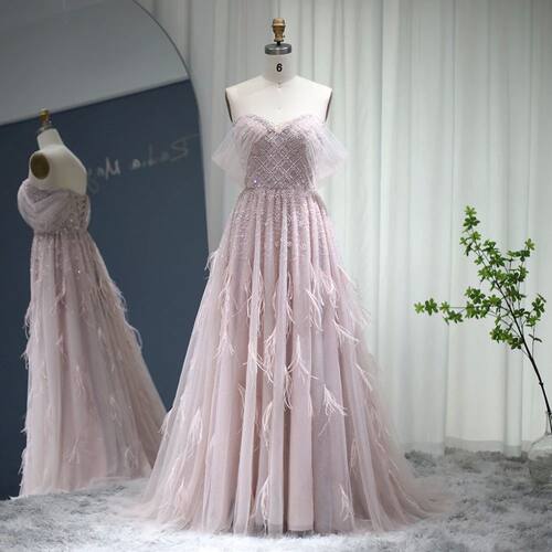 Sharon Said Luxury Feather Pink Dubai Evening Dresses Elegan