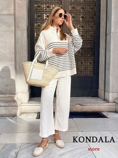 Women 2023 Fashion KONDALA Loose Vintage Stripe Zip Sweaters