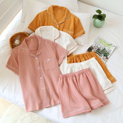 Japanese summer couple womens pajamas suit cotton crepe ladi
