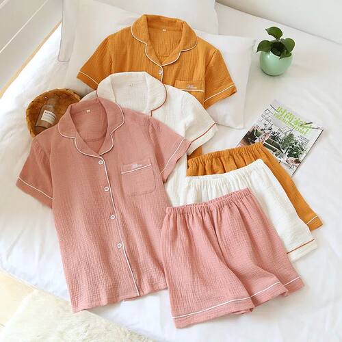 Japanese summer couple womens pajamas suit cotton crepe ladi