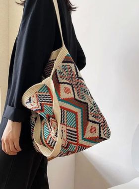 Lady Knitting Gypsy Bohemian Boho Chic Aztec Tote Bag Women