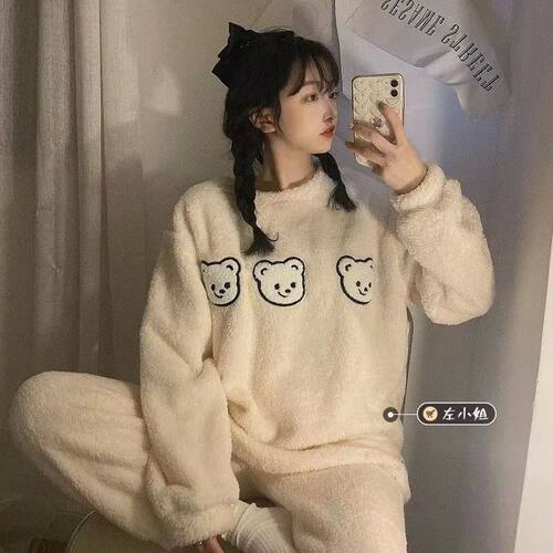 Warm Flannel Women Kawaii Pajamas Plush Pyjamas Sets Thin Co