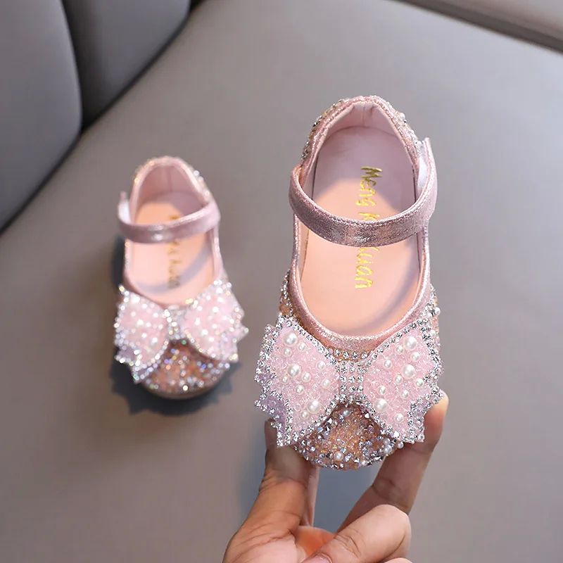 Autumn Girls Leather shoes Princess Square Rhinestone Bow Si