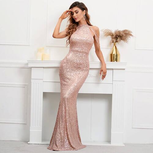 YIDINGZS Elegant Off Shoulder Beading Sequin Evening Dress W