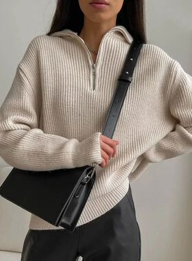 Women's Turtleneck Zippers Fashion Women Sweaters Solid Gree