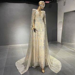 Sharon Said Luxurious Crystal Pearls Evening Dress with Cap