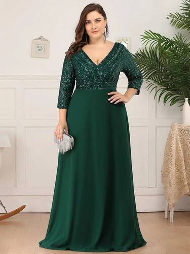 Plus Size Prom Dresses Long Sexy V Neck A-Line Sequin With 3