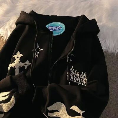 Flame Embroidered Hoodie Ladies Harajuku Sweatshirt Vintage