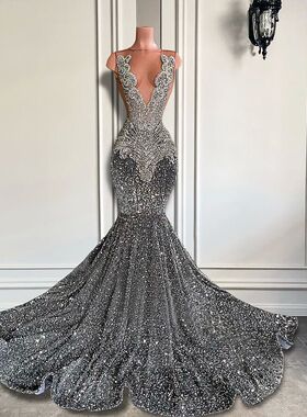 Sexy Long Sparkly Prom Dresses 2024 Sheer O-neck Luxury Silv