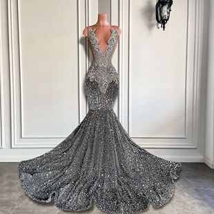 Sexy Long Sparkly Prom Dresses 2024 Sheer O-neck Luxury Silv