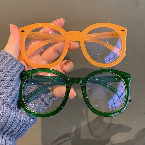 Retro round Frame Plain glasses Blue plating film Glasses al