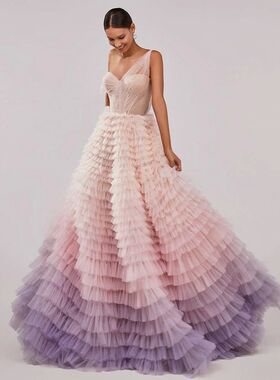 Sevintage Colorful Tiered Ruffled Tulle Prom Dresses Beading