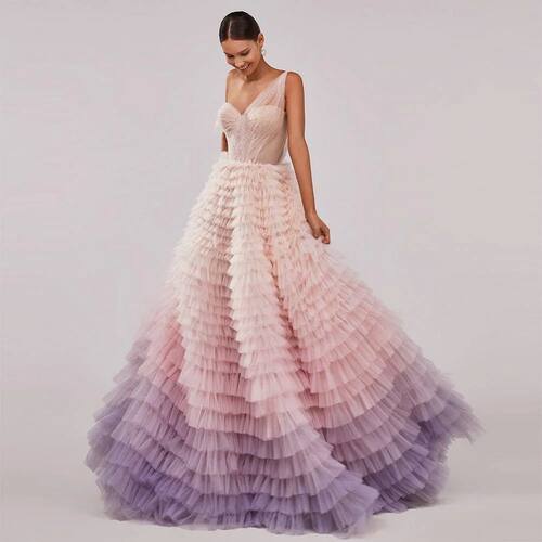Sevintage Colorful Tiered Ruffled Tulle Prom Dresses Beading