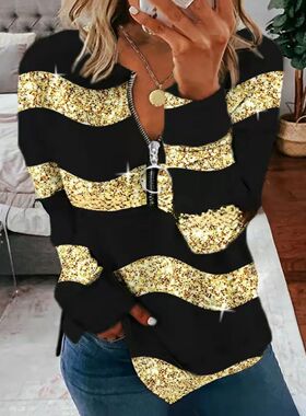 Women Casual Sequin 3d Print V Neck Zipper Sweatshirt Long S