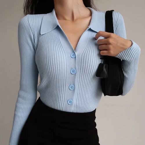Women Sexy V Neck Long Sleeve Turndown Knitted Cardigan Swea