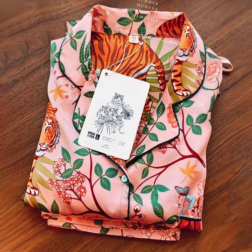 2023 New Jungle Tiger Imitation Silk Pajamas Women Pink Long