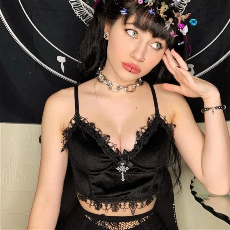 Velvet Mall Goth Crop Tops Black Lace Trim Emo Alternative A