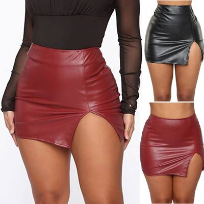 Women Leather Night Clubwear Skirts Summer Pure Color PU-lea