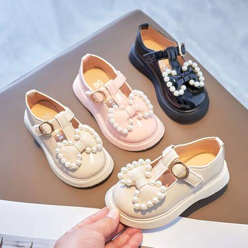 Spring Autumn Girls Leather Shoes with Bow-knot Pearls Beadi