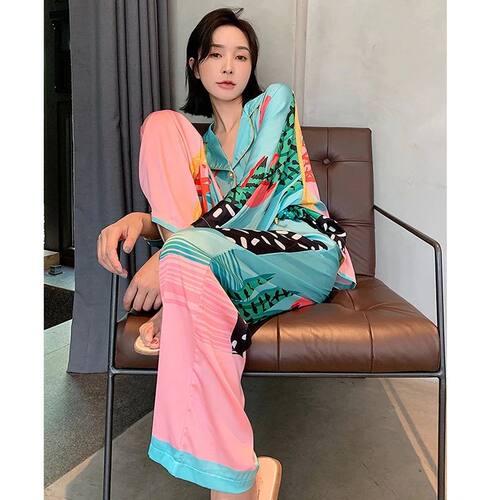 Satin Pajamas Set Spring Summer Home Suit with Pant Women's