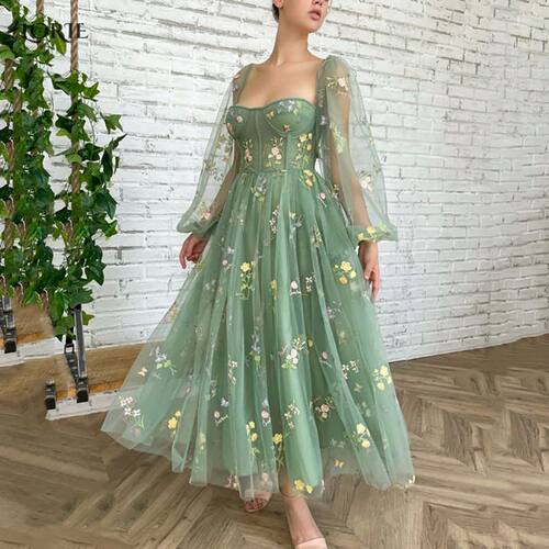 LORIE Fairy Forest Green Lace Prom Party Dresses Puffy Sleev