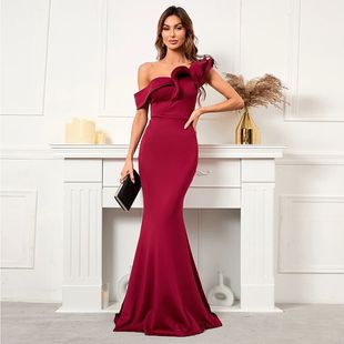 YIDINGZS Women Burgundy Evening Dress Slash Neck Ruffles Cel