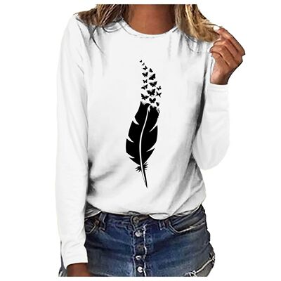 Harajuku Summer Autumn Sweatshirt Women's Feather Print O Ne