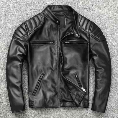 New Sheepskin Leather Jacket Men Motorcycle Biker Spring Nat