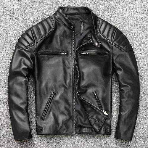 New Sheepskin Leather Jacket Men Motorcycle Biker Spring Nat