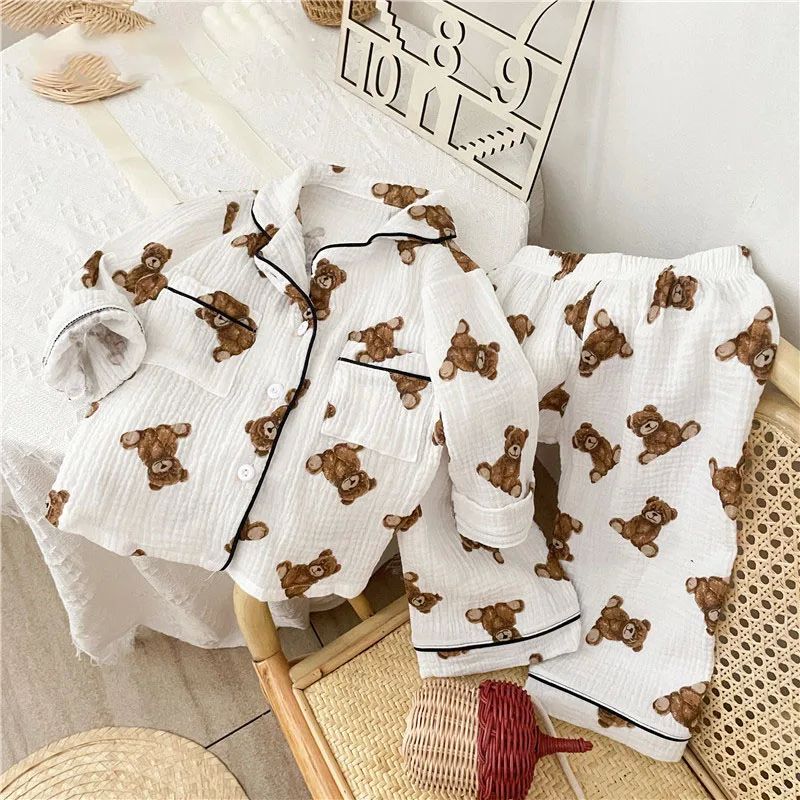 2Pcs Cotton Yarn Kids Full Bear Pajamas Set Soft Beathable C
