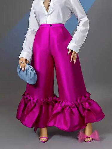 Women High Waist Flare Pants Wide Leg Big Size Shiny Fuchsia