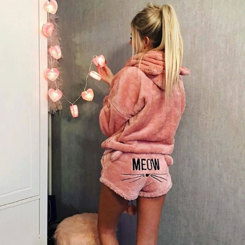New Women Pajama Sets Autumn Winter Cat Cartoon Warm Pyjamas