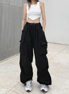 HOUZHOU Harajuku Parachute Pants Y2K Setwear Wide Leg Baggy