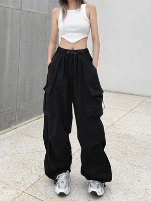 HOUZHOU Harajuku Parachute Pants Y2K Setwear Wide Leg Baggy