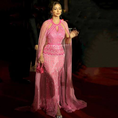 Sharon Said Luxury Dubai Mermaid Pink Evening Dresses with C