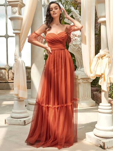 Elegant Evening Dress Tulle Strapless A-Line Ruffles Sleeves
