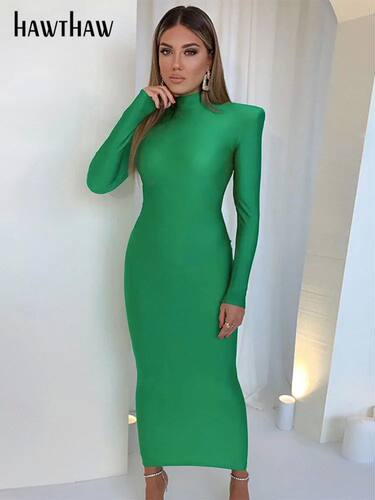 Hawthaw Shoulder Padded Long Sleeve Bodycon Green Party Club