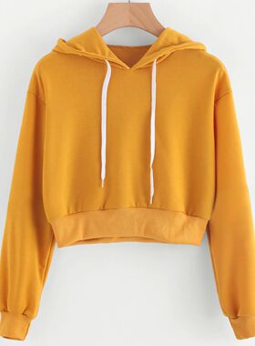 Hoodies Women Long Sleeve Crop Hooded Solid Yellow Sweatshir