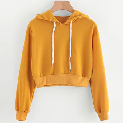 Hoodies Women Long Sleeve Crop Hooded Solid Yellow Sweatshir