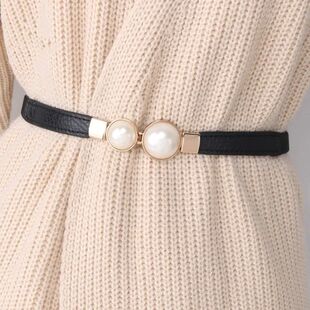 Creative Pearl Buckle Belt PU Leather Dress Skirt Waist Elas