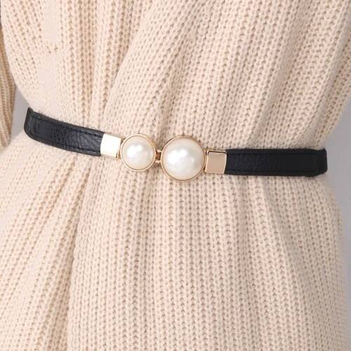 Creative Pearl Buckle Belt PU Leather Dress Skirt Waist Elas