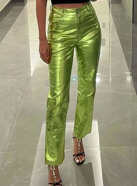PU Bright Color Women Pants Solid High Waist Straight Setwea