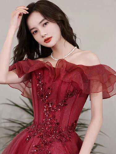 Wine sequined long luxury beads ruffle lady women prom dress
