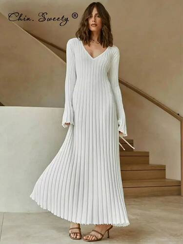 Women Knitted Long Dress Autumn Winter 2022 Elegant Pleated