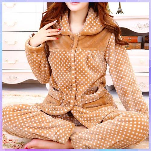 dot print Warm Pajamas Women Winter Flannel Pajama Sets For